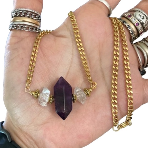 Genuine double point amethyst crystal & herkimer diamonds gold boho necklace - Picture 2 of 11